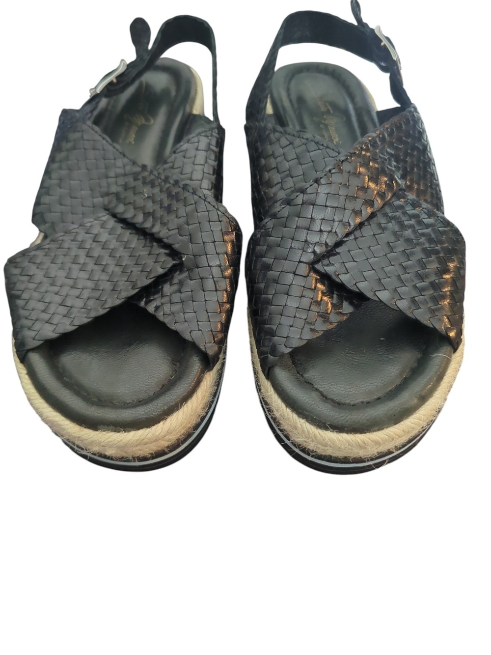 Sesto Meucci Luxe Black Woven Leather Platform Sandals Slingback Espadrille US 7